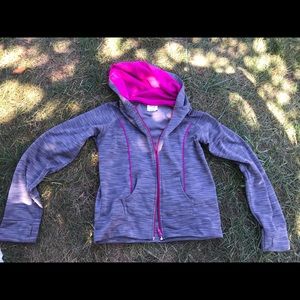 Grey & pink hooded light jacket.